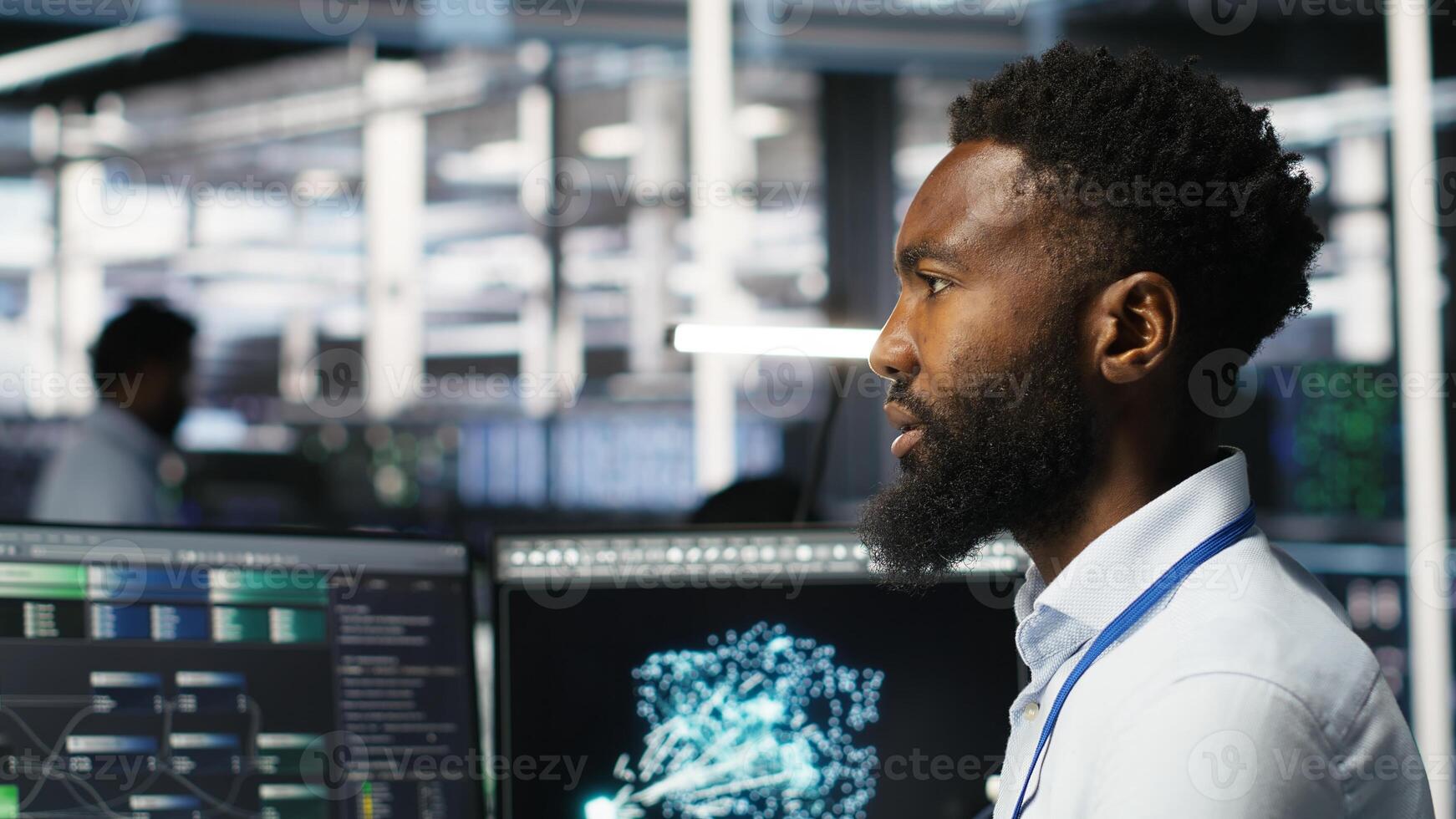 Server hub admin using AI neural network node tree program to optimize system health. Data center IT professional analyzing equipment issues using deep learning AI visualization, camera B photo