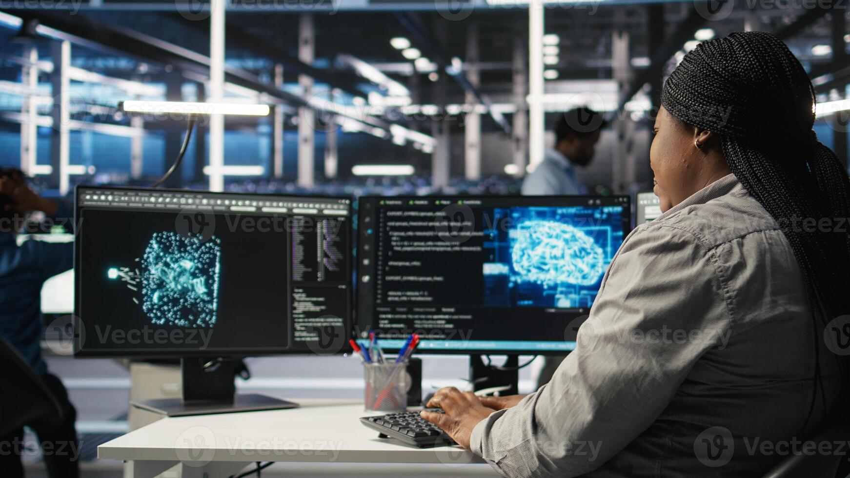 Data center employee deploying AI solutions optimizing equipment. Server farm software developer applying artificial intelligence technology minimizing infrastructure downtime, camera A photo