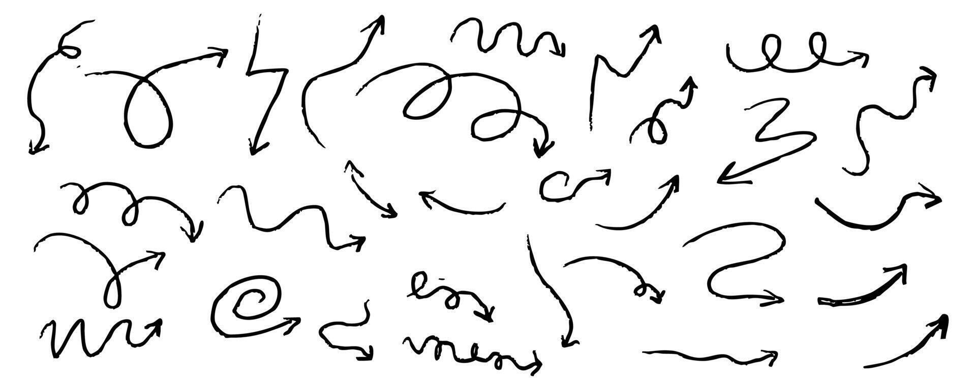 Arrow crayon chalk hand-drawn doodle grunge line set. Cursor scribble wavy swirl, comic simple element. Spiral textured direction pointer. vector