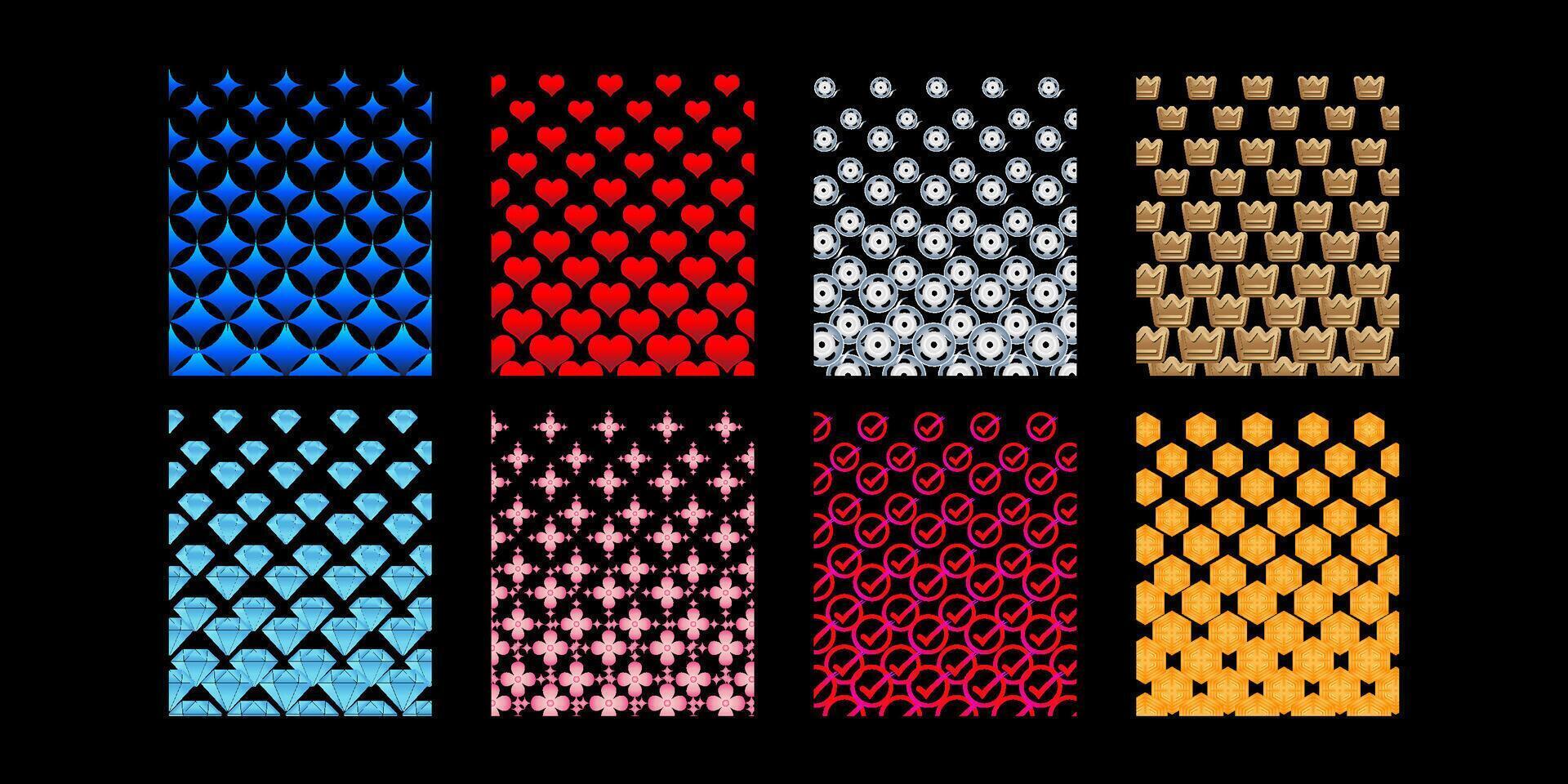 Set of decorative patterns featuring hearts, crowns, smileys, gems, flowers, and geometric icons in bold colors, ideal for backgrounds, prints, crafts, and digital design projects vector