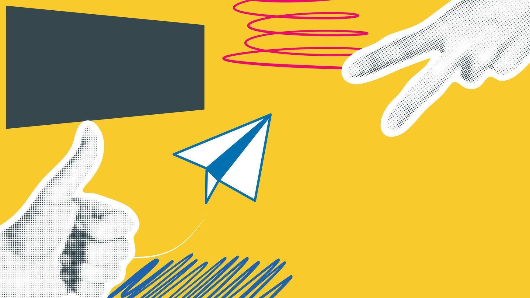 Modern poster with bright design. Horizontal collage with halftone hand with finger up, paper flying plane and text. Concept of informing banner. graphic vector