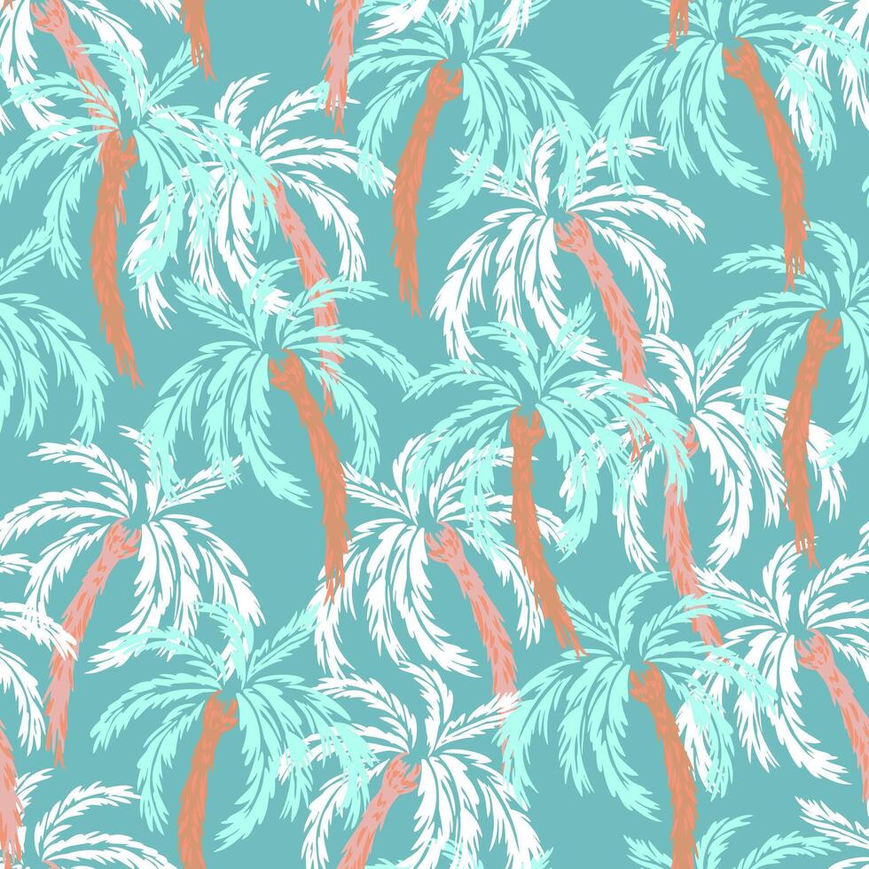 Seamless pattern with hand drawn tropical palm trees in soft tones on a turquoise background. Exotic, dynamic, and trendy, perfect for summer textiles, wallpapers, branding vector