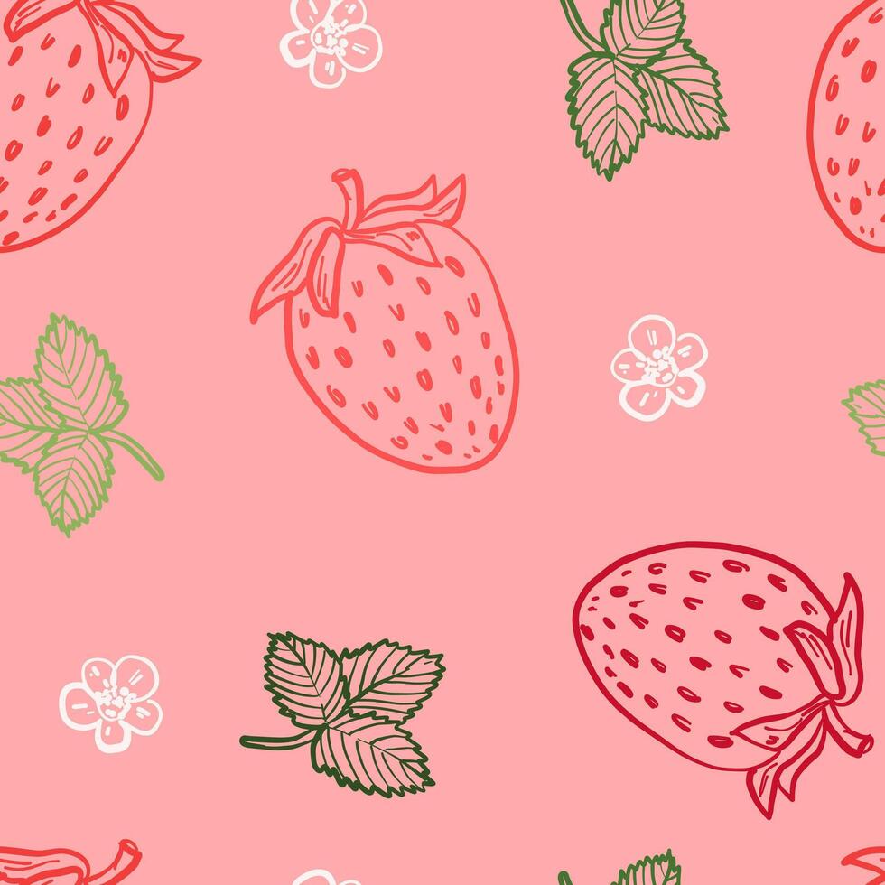 Seamless pattern with strawberry, flower, and leaf outlines in red, white, and green on a soft pink background. Light and airy summer design for textiles and paper. vector