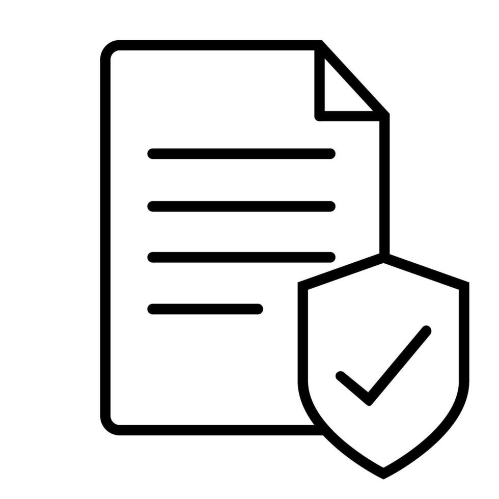 Document with shield icon. Outline document with shield icon for web design isolated on white background vector