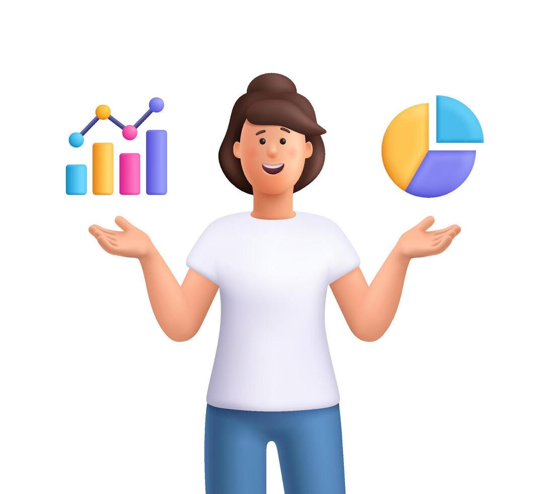 Young smiling woman Jane presenting data visualizations, bar chart and a pie chart. Data analysis, statistics and business reporting concept. 3d people character. Cartoon minimal style. vector
