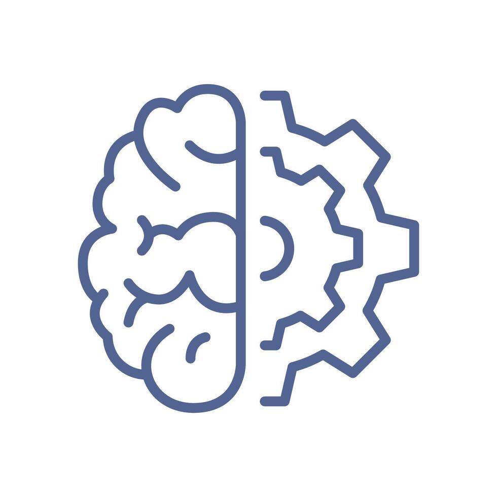 Human brain and gear icon representing cognitive process, thinking, problem solving and artificial intelligence, innovation and technical intelligence symbol linear stroke element flat . vector