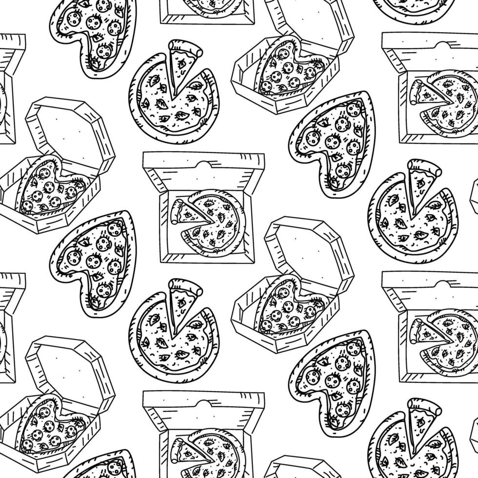 Pizza pattern in boxes and without in doodle style. Engraving, monochrome hand-drawn pattern in seamless texture. Round with triangular piece, heart-shaped pizza, various toppings, packed for delivery vector