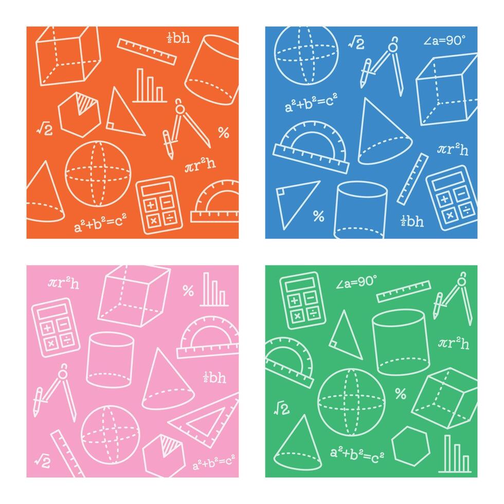 Maths square background patterns with mathematical elements such as diagrams, shapes, formulas, and equations. Great for wrapping paper, stationery, background, and school theme. vector