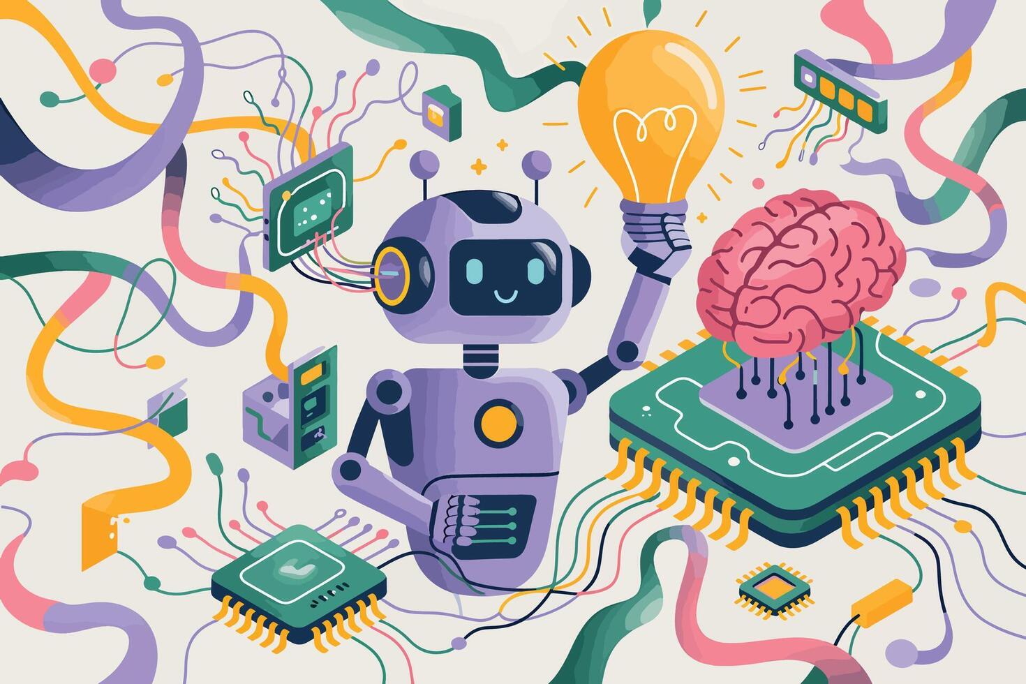 Robot holding a lightbulb with brain and circuits isolated vector