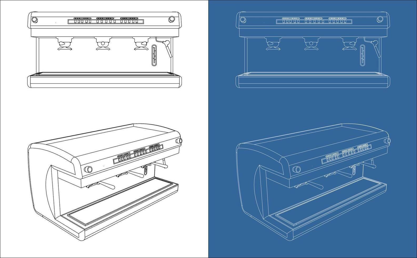 Blueprint espresso coffee machine front and perspective view vector