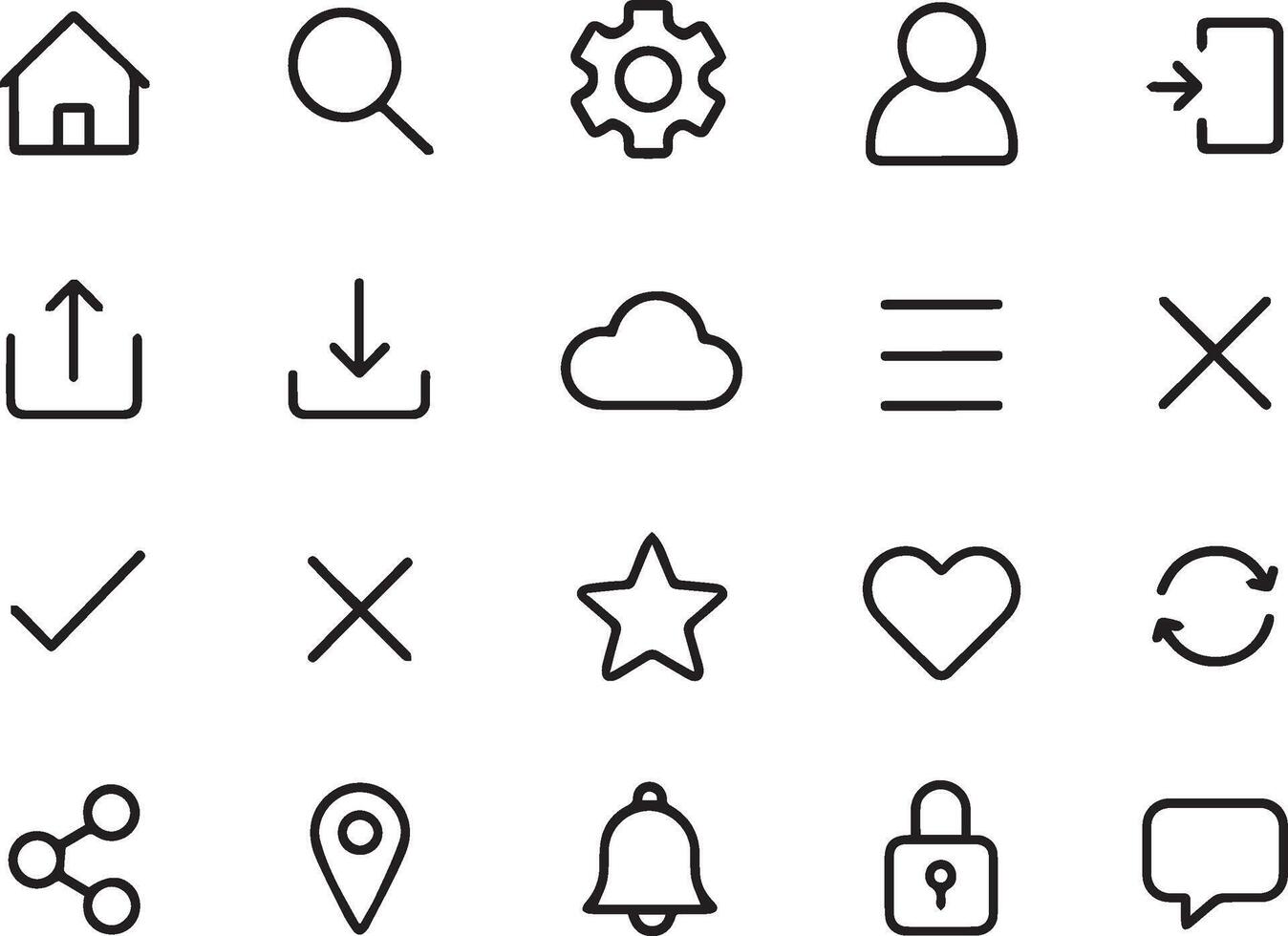 User Interface Line Icons Set UI UX Symbols for Apps, Websites, Dashboard, Home, Search, Settings, Cloud, Profile vector