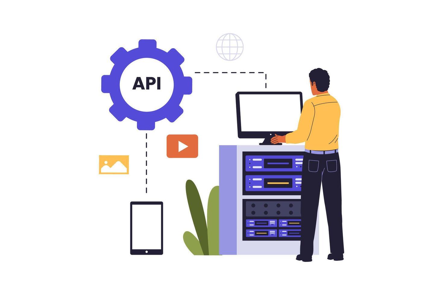 Person working with API and server technology vector