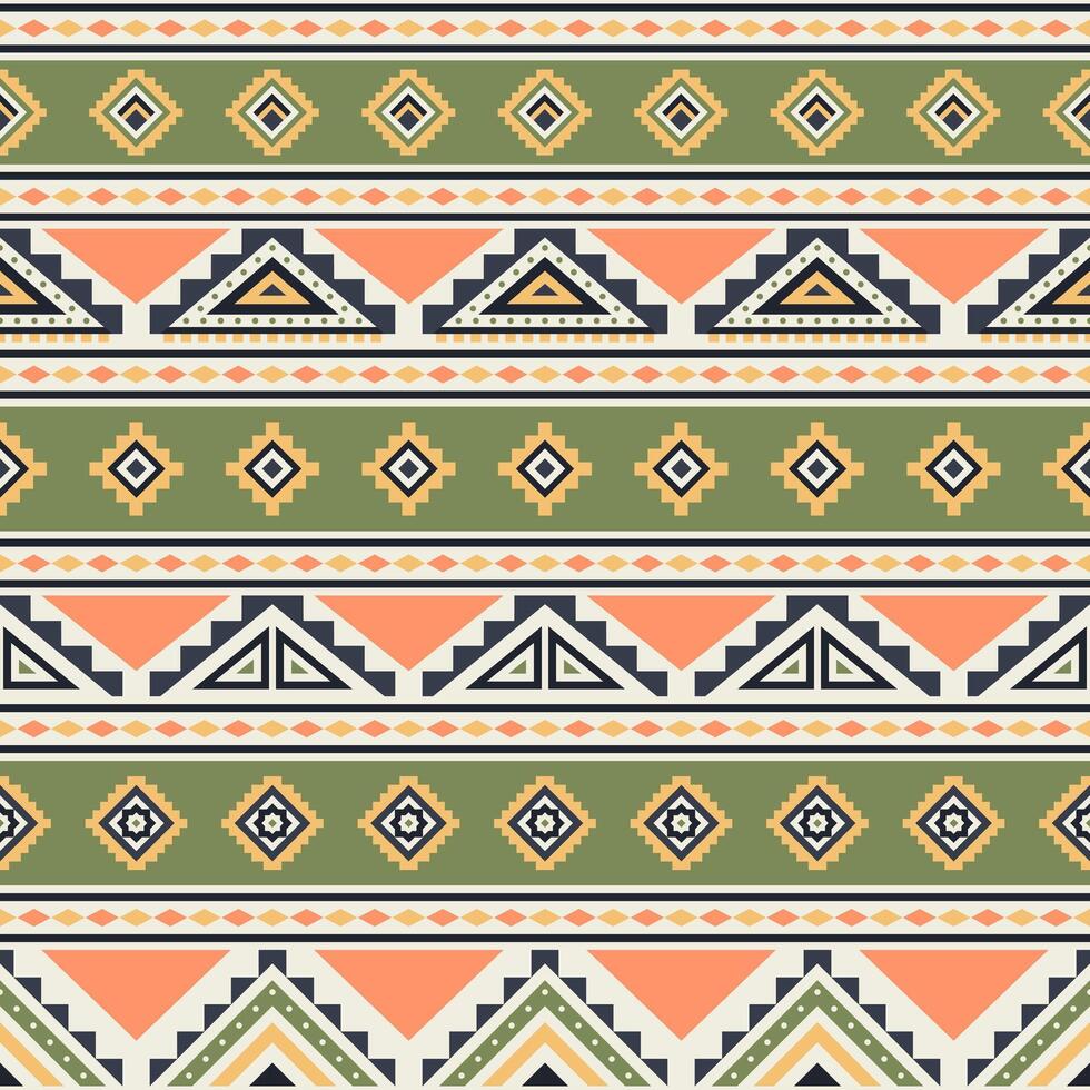 Tribal striped seamless pattern. Aztec geometric background. Can be used in textile design, web design for making of clothes, accessories, decorative paper, wrapping, etc. Green, orange vector