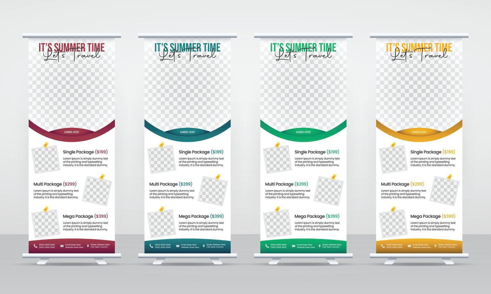 Four elegant business rollup banner templates with curved design elements in various colors isolated on white background vector