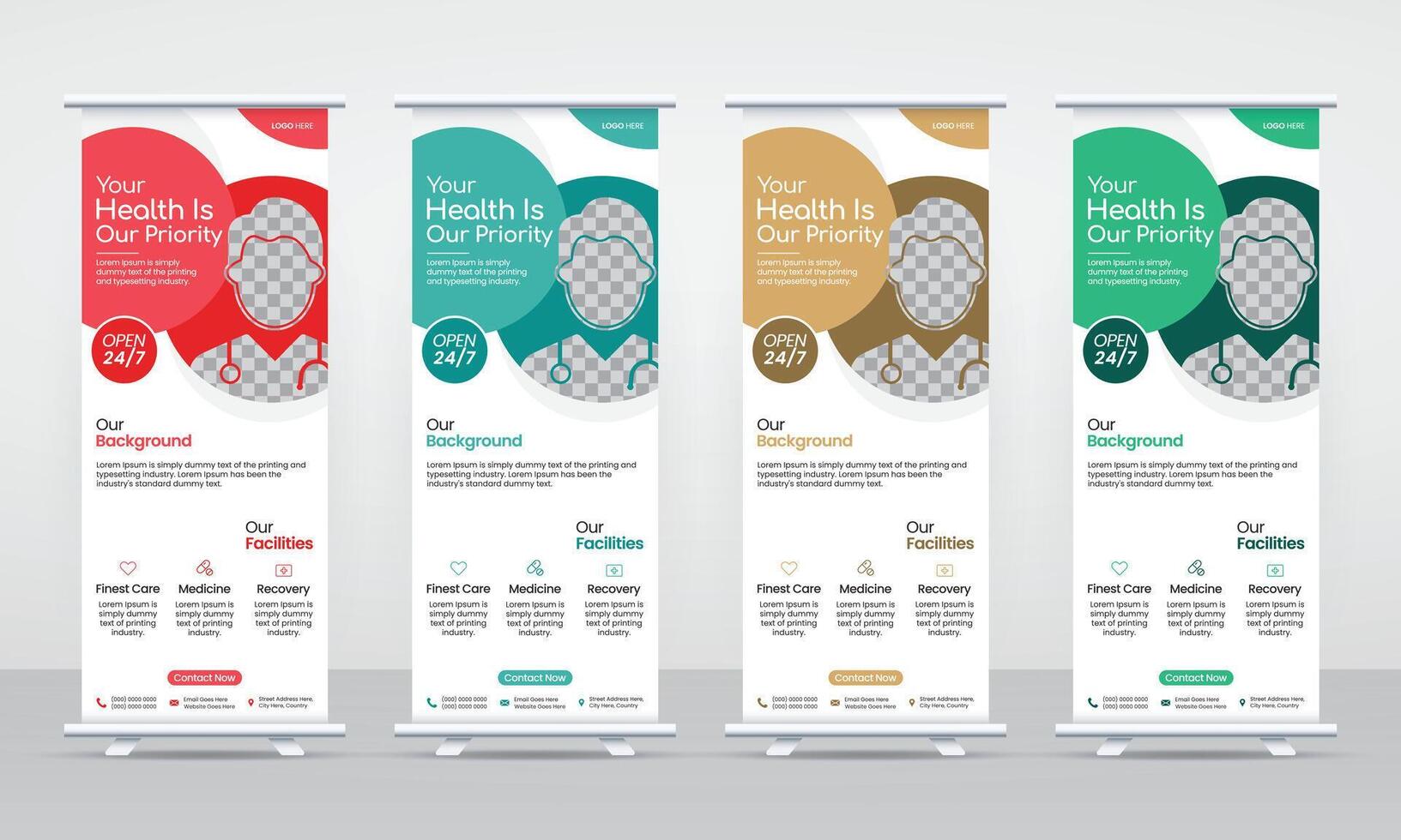 Set of four medical rollup banner stands with different color schemes and medical icons vector