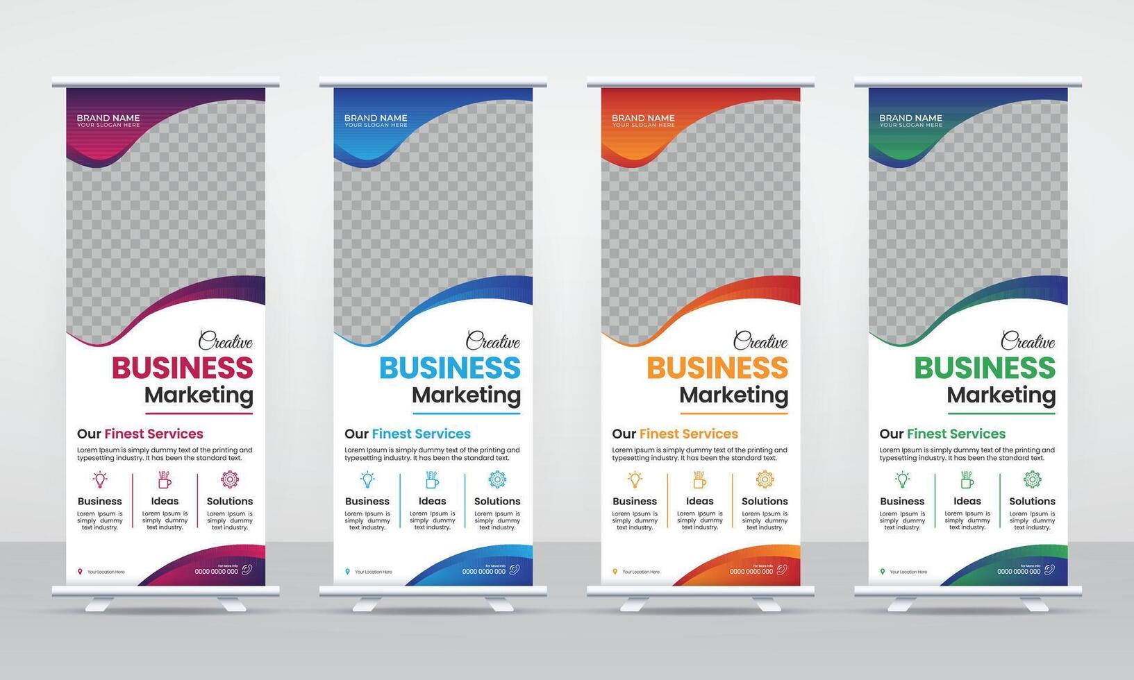 Set of four business marketing roll up banner stands with different color schemes and design elements vector
