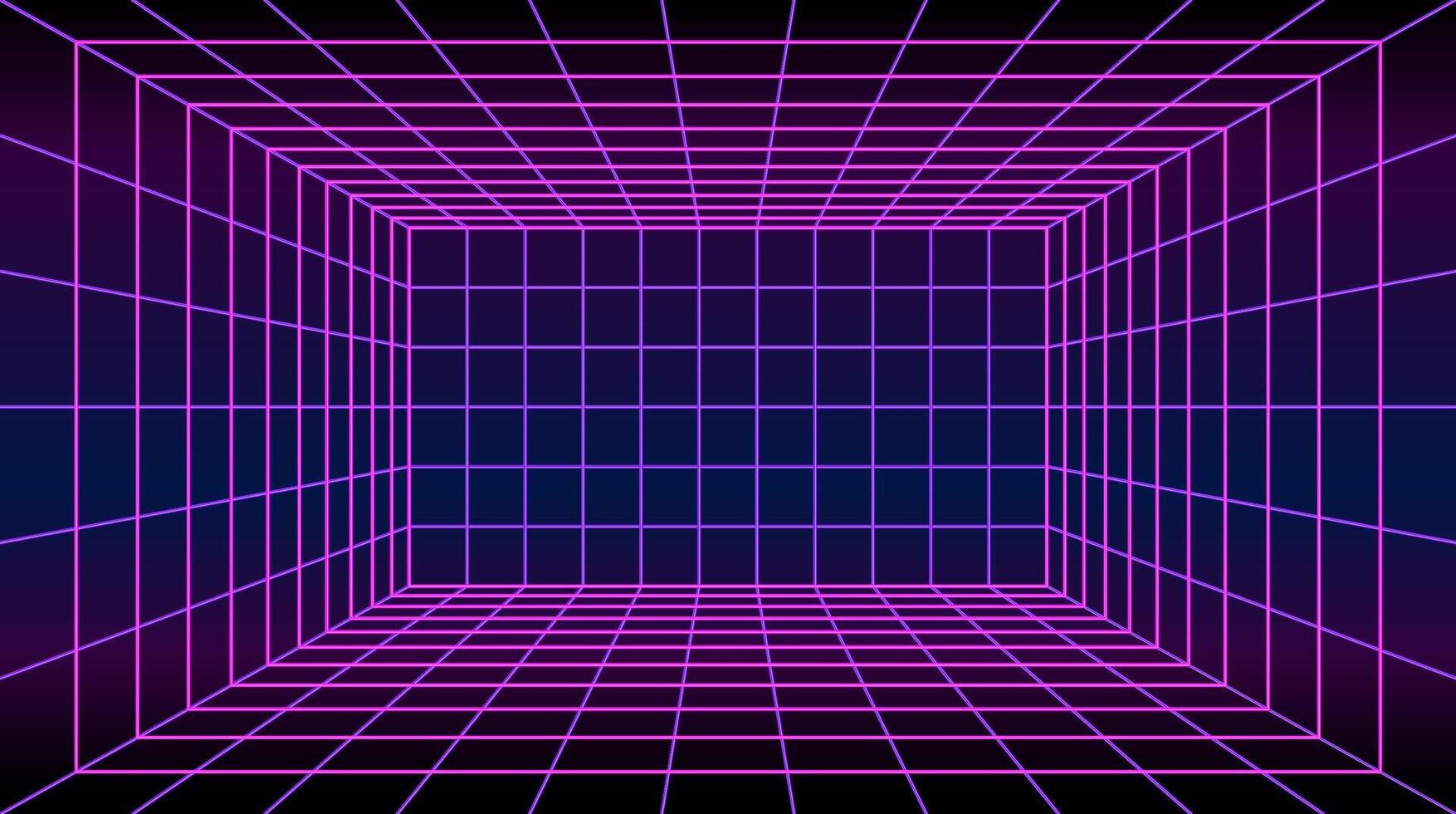 Futuristic cyberpunk grid room background. Neon pink lines create a 3D perspective tunnel for tech designs. vector