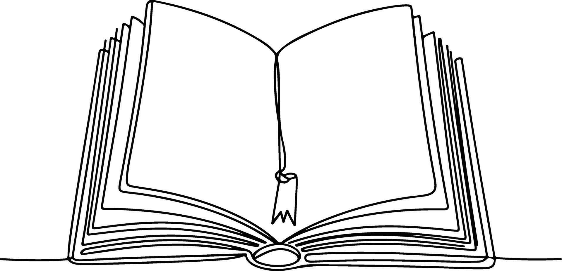 Open book with bookmark isolated on white background, continuous line drawing vector