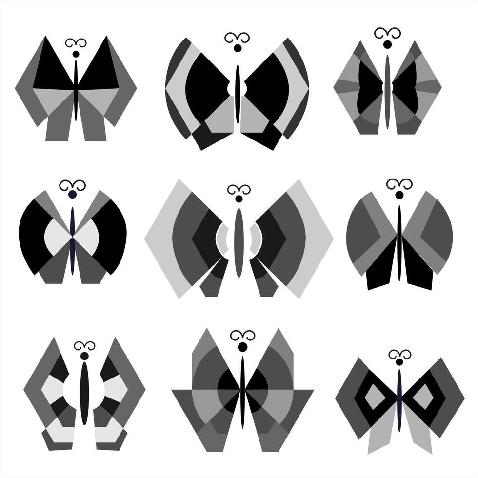 A set of geometric butterfly icons of different shapes. The style is Constructivism. Circles, triangles. The style is Constructivism. Circles, triangles. Black, white, gray vector
