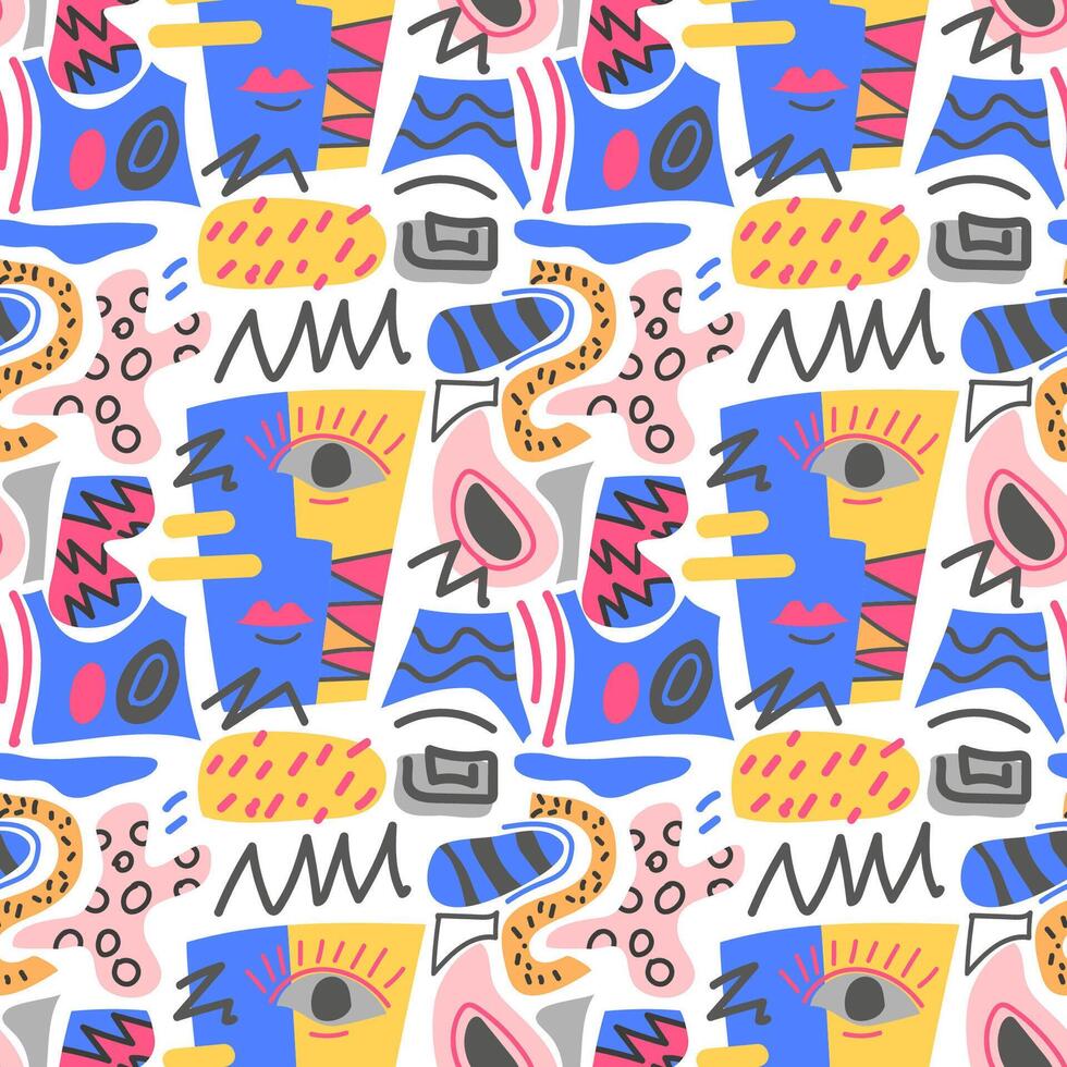 Modern abstract pattern with geometric shapes resembling a woman's face Avant-garde, fantasy, collage. Texture with dots, circles. stripes. Line. For textile design, invitations, postcards, paper. vector