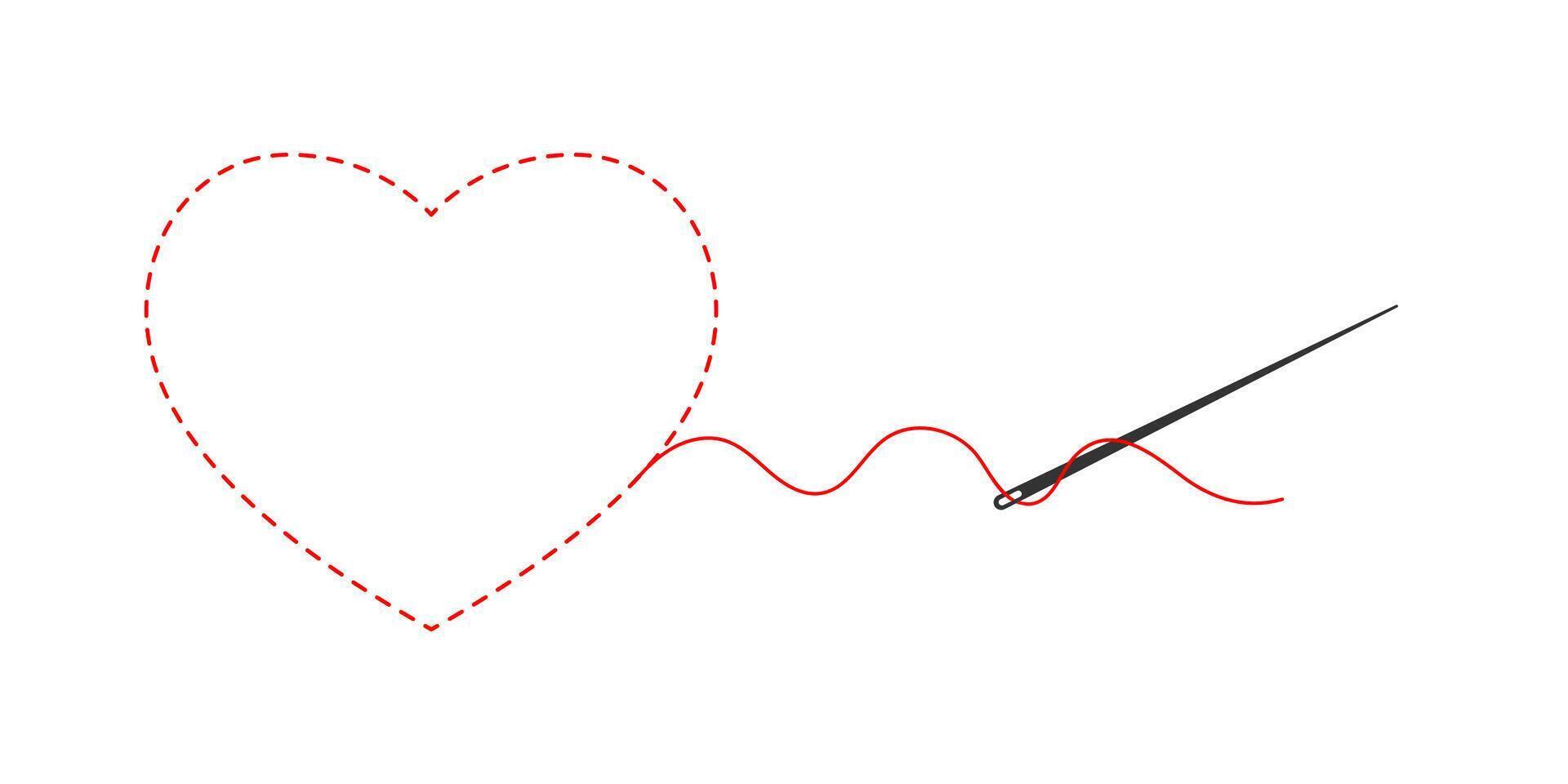 Red heart. Drawing of a needle and thread. Embroidery and needlework. vector