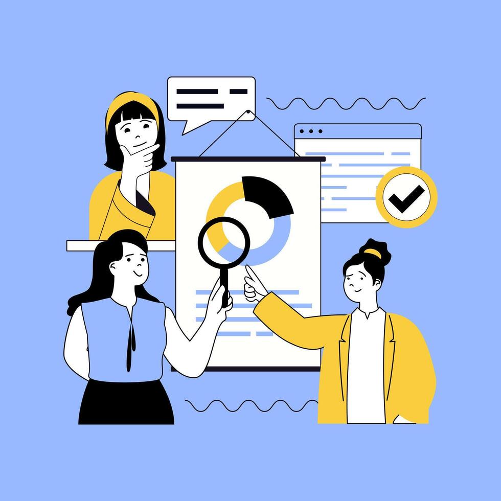 Basic office concept for modern web design. People researching financial charts report at presentation, discussing strategy, analyzing data, cooperating, collaborating at meeting. illustration. vector