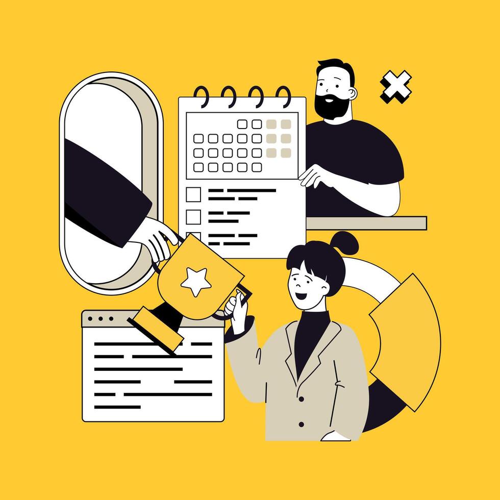 All good ideas concept for modern web design. People doing tasks in calendar, brainstorming, searching solutions and planning, collaborating in project team, winning trophy award. illustration. vector