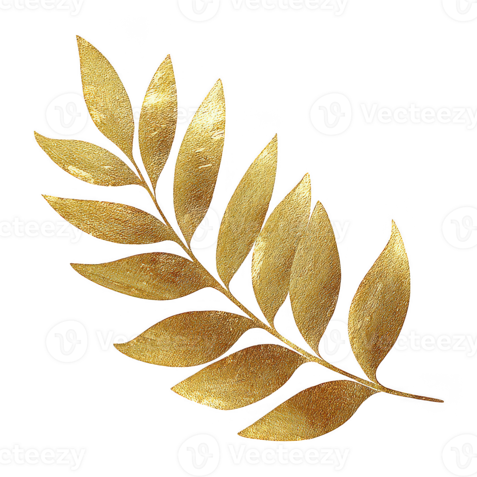 Golden laurel leaf branch with shiny metallic texture, symbolizing victory and honor, isolated on transparency background with elegant botanical design and rich gold color png