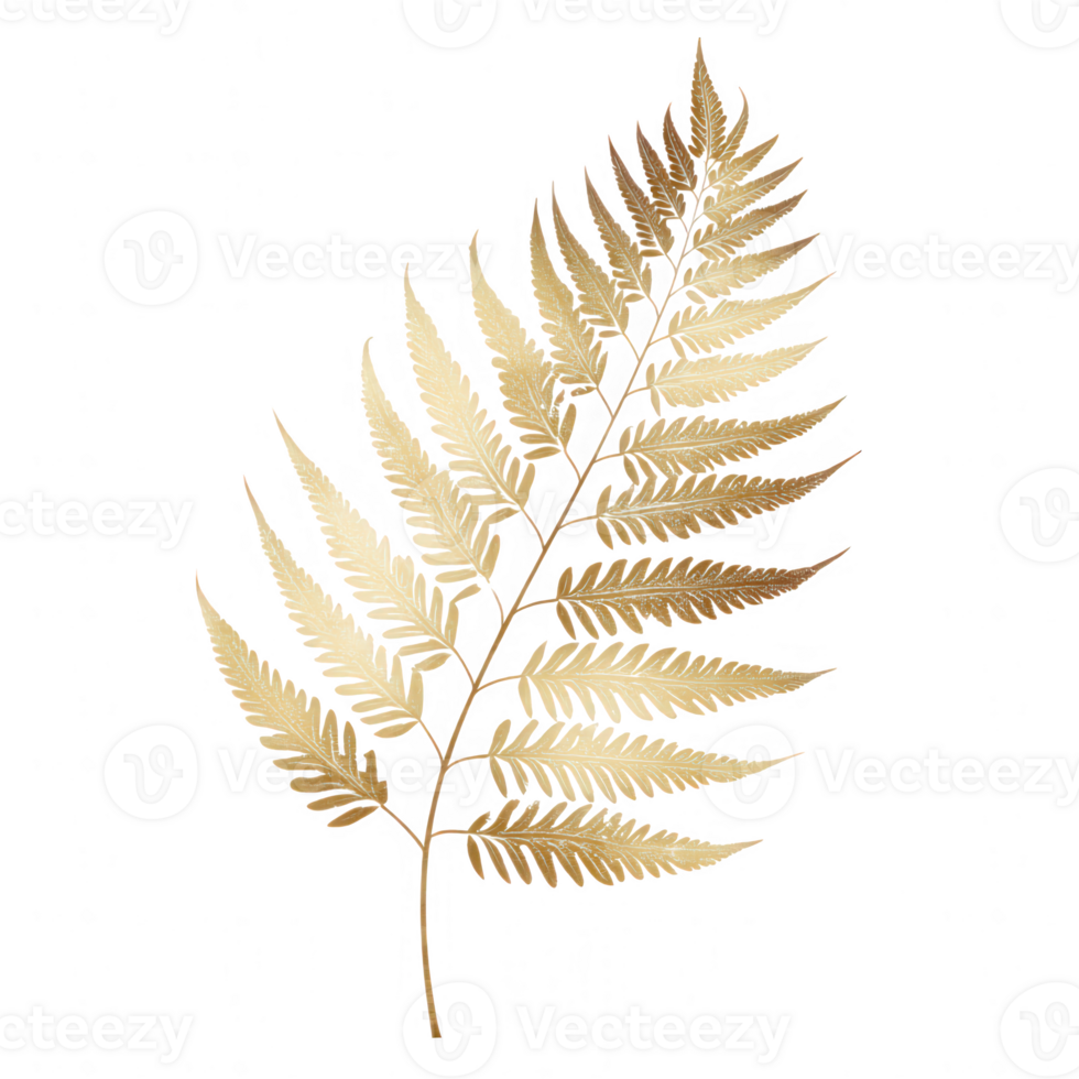 Golden fern frond with delicate leaves arranged in natural pattern, showcasing botanical elegance and minimalist style on transparent background for versatile design use png