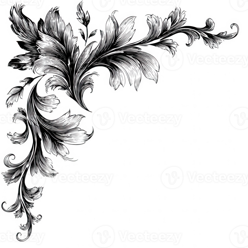 Ornamental foliage corner design with intricate silver leaves and elegant swirling patterns, creating vintage decorative element with graceful and artistic expression png
