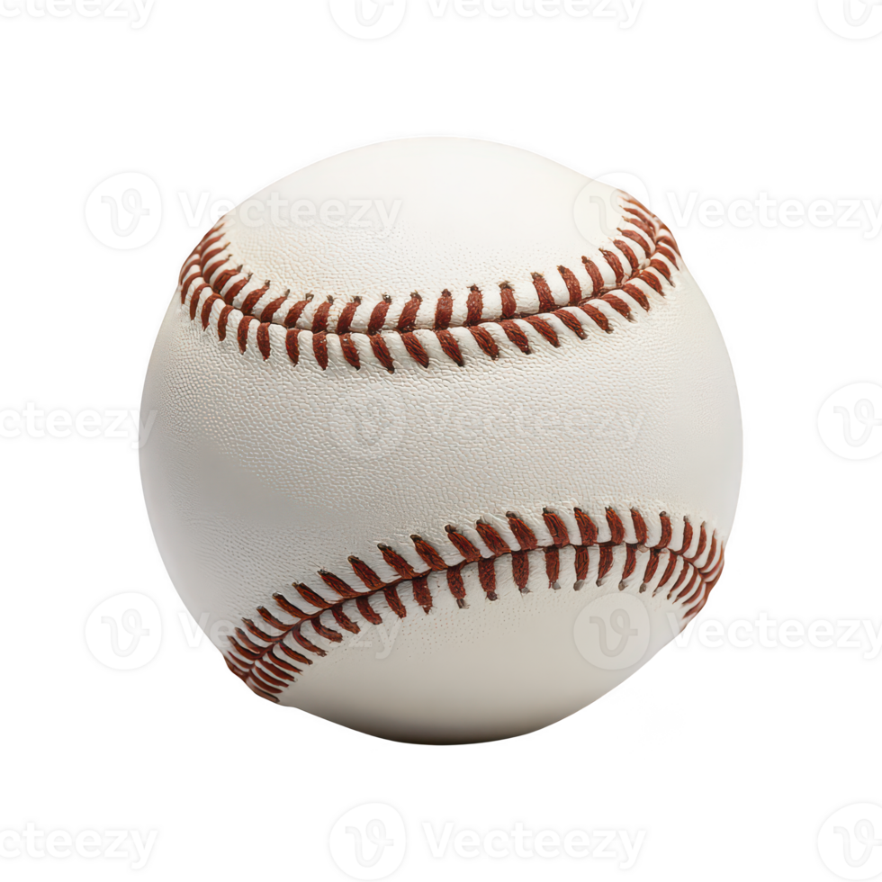 Close up of classic white baseball with red stitching isolated on transparency background, showing detailed texture and stitching pattern png
