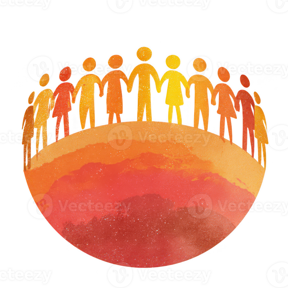 People holding hands in circle on colorful globe symbolizing unity, community, and togetherness with warm orange and red tones creating positive and inclusive atmosphere png
