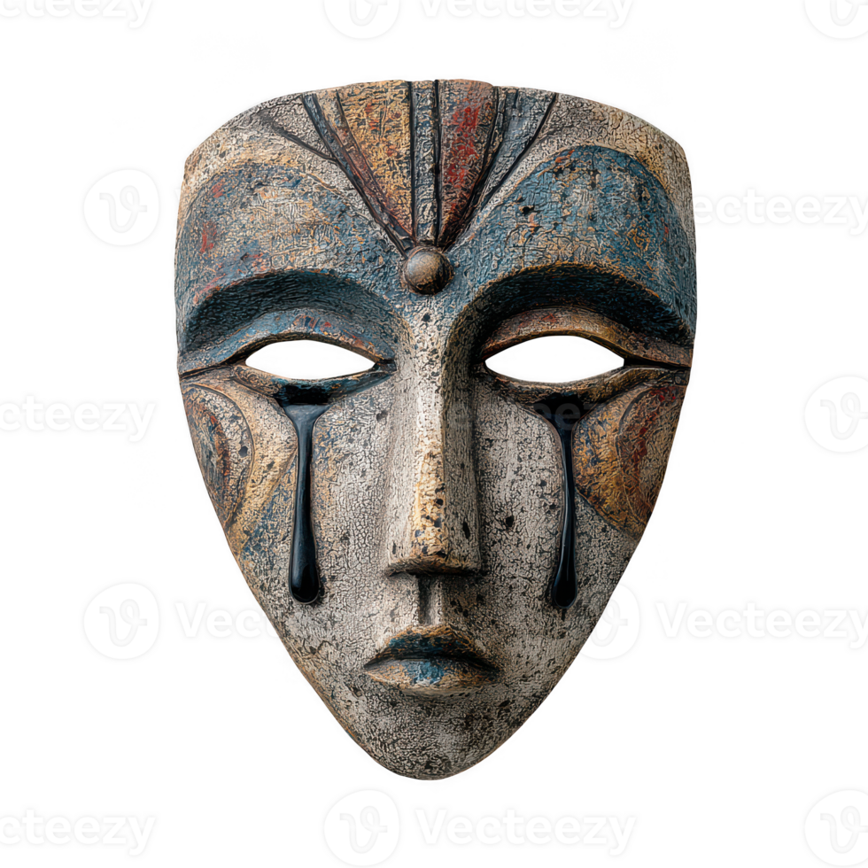 African tribal mask with painted tears and intricate patterns, showing somber expression and textured surface isolated on transparency background png