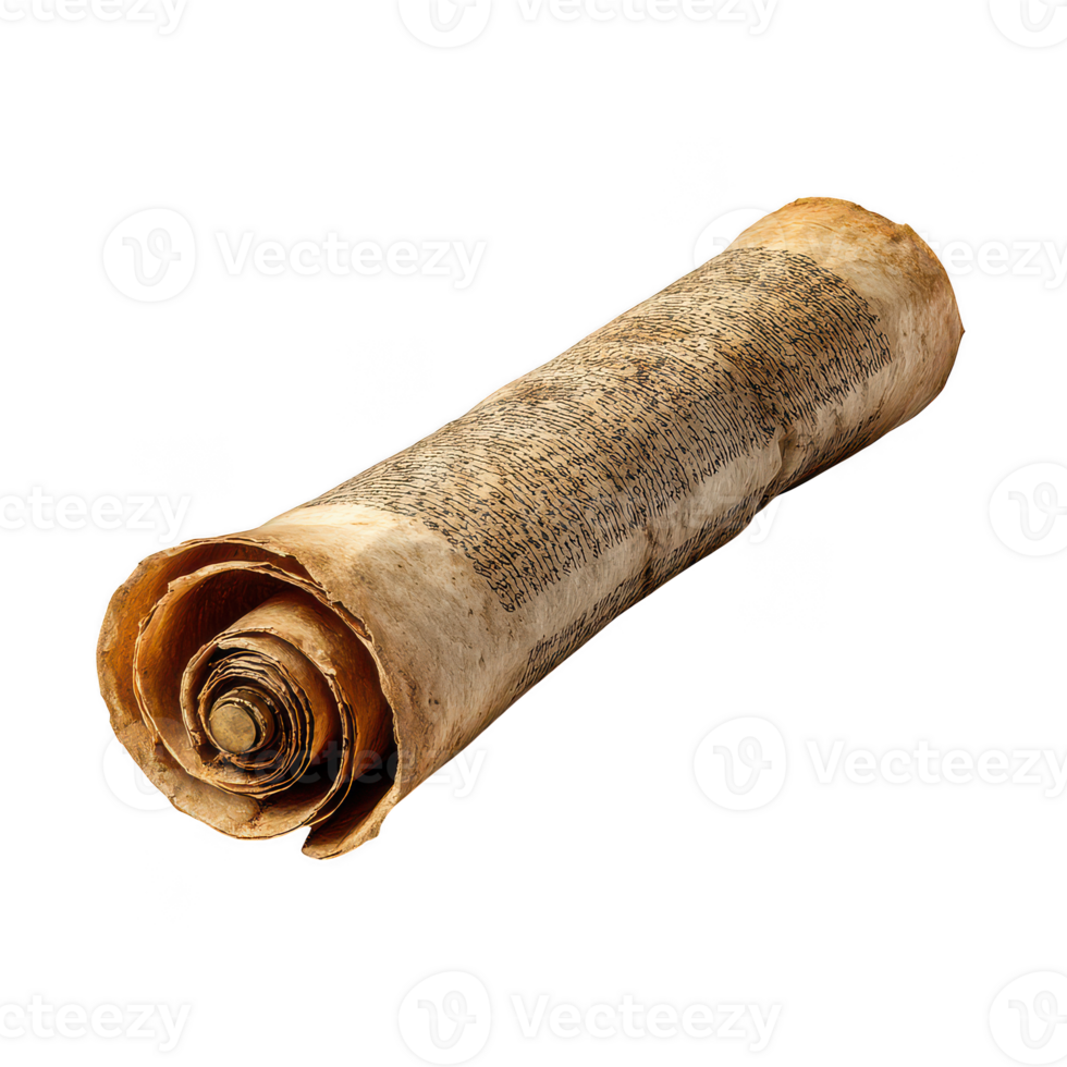 Ancient historical document scroll with aged paper and faded ink text rolled up isolated on transparency background, evoking sense of mystery and antiquity png