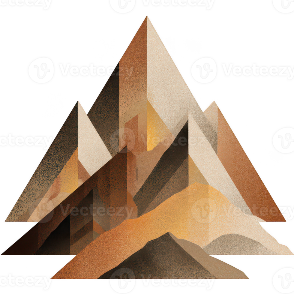 Geometric mountain shape with warm brown and beige tones, abstract design with sharp triangular peaks and textured shading creating sacred land form feeling png