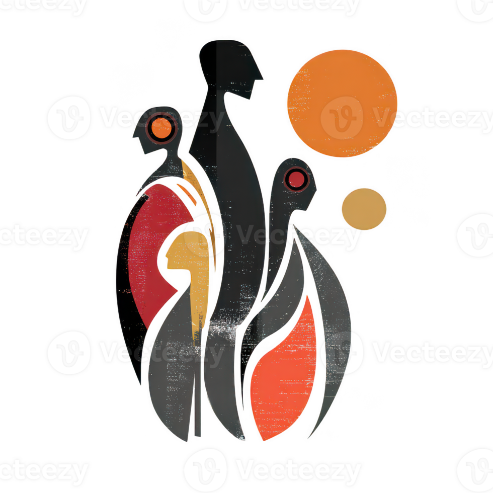 Abstract family group with stylized human figures and circular shapes in warm colors, expressing unity and connection in modern artistic design png