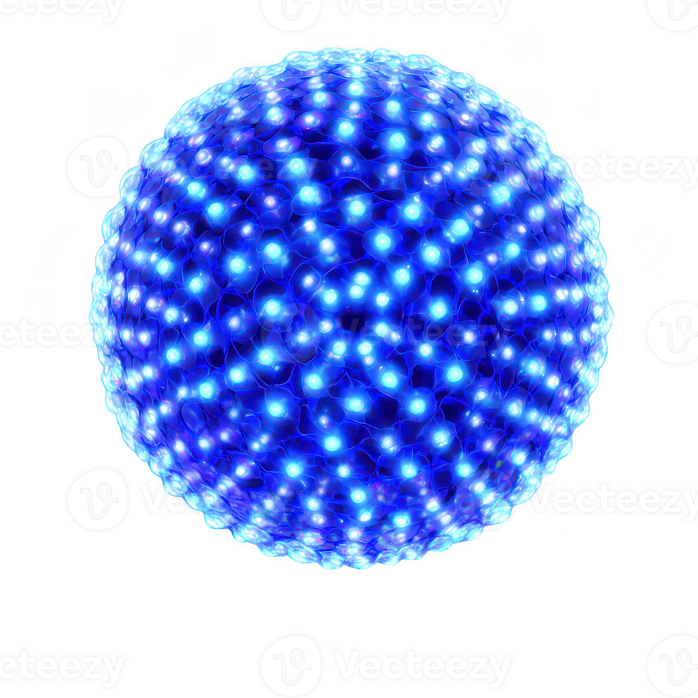Blue glowing sphere with interconnected light nodes creating luminous digital network pattern, emitting vibrant and futuristic energy png