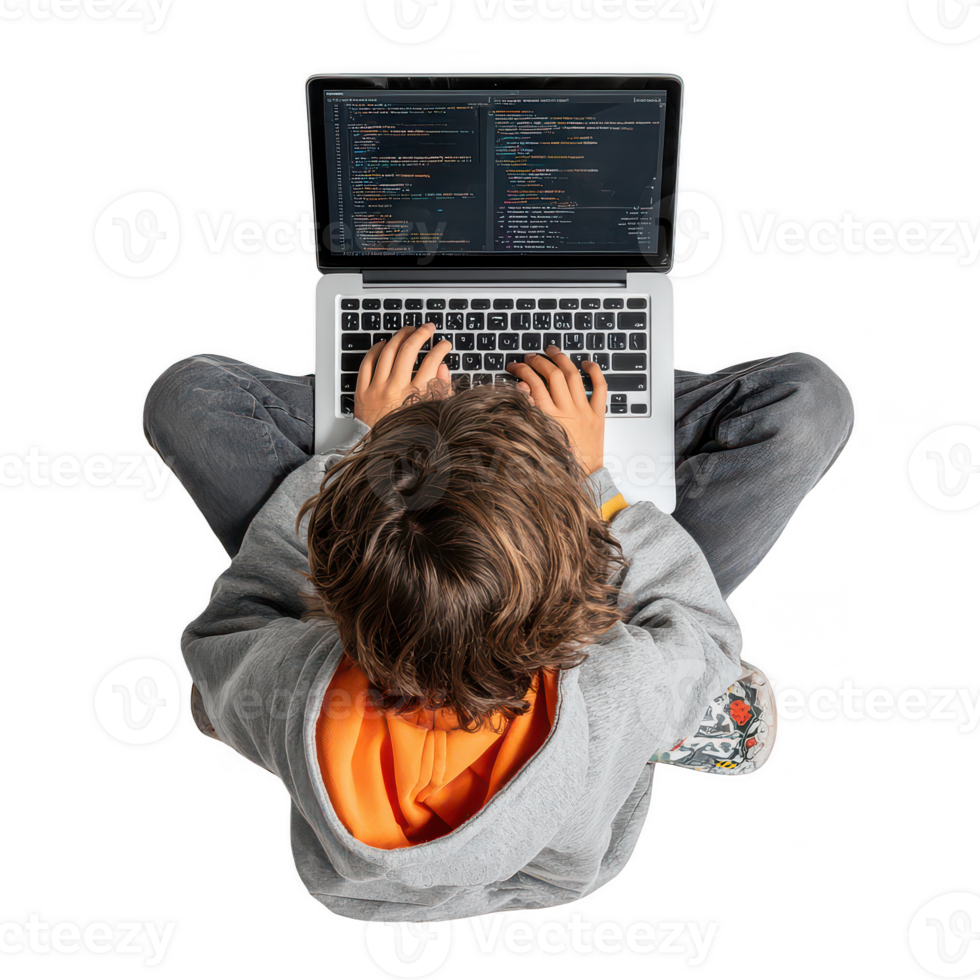 Young person coding on laptop sitting cross legged wearing casual clothes and colorful shoes, focused on programming with visible code on screen png