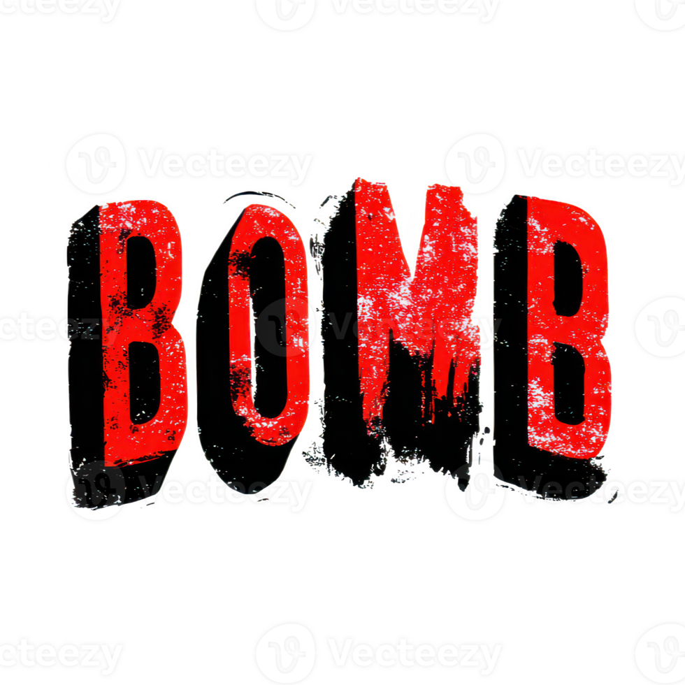 Red distressed text spelling bomb with grunge texture and shadow effect on transparency background, creating bold and intense visual impact png