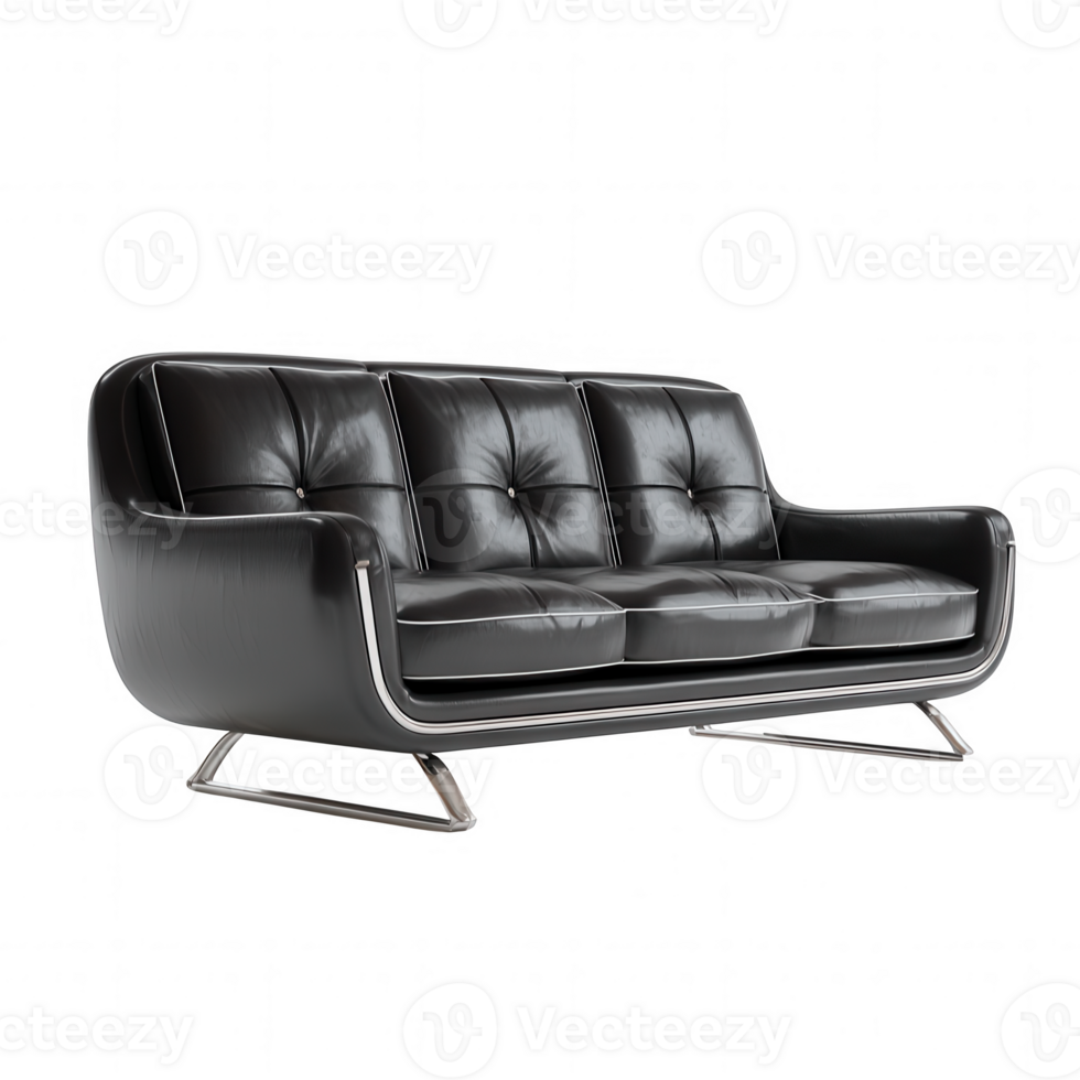 Black leather couch with chrome frame and modern design, featuring three cushioned seats and button tufting for stylish and comfortable look png
