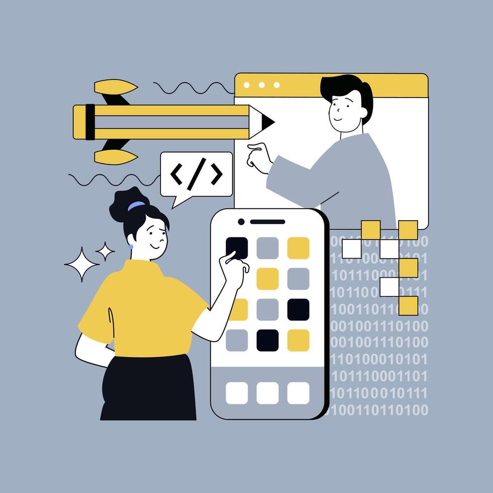 Design software development concept for modern web design. People creating mobile program code, engineering and building application, programming and computing, processing script. illustration. vector