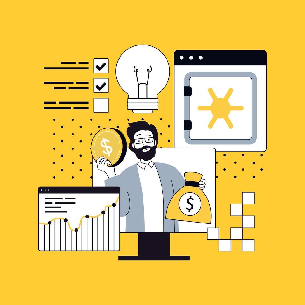 Business technology concept for modern web design. People brainstorming ideas, creating new startup projects, making investments, accounting and doing deposits, achieving goals. illustration. vector