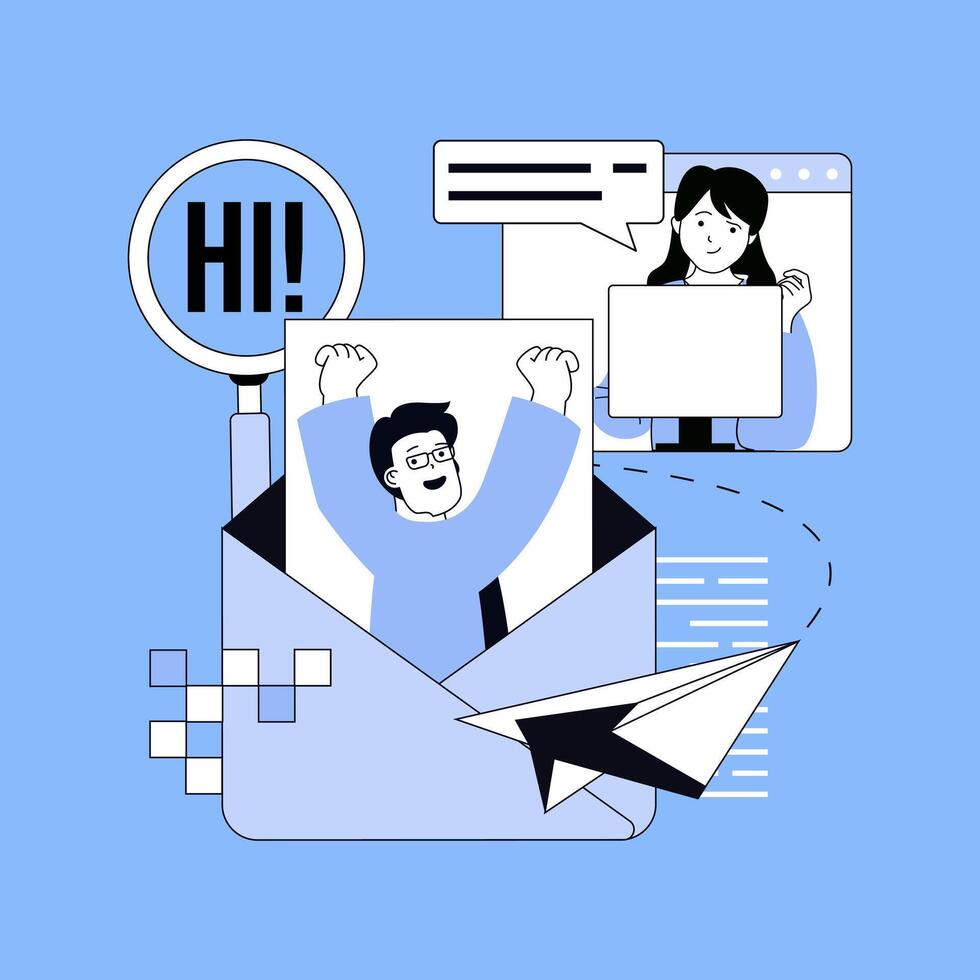 Communication concept for modern web design. People chatting online, sending emails, answering messages, get digital letters, sharing information and feedback in social network. illustration. vector