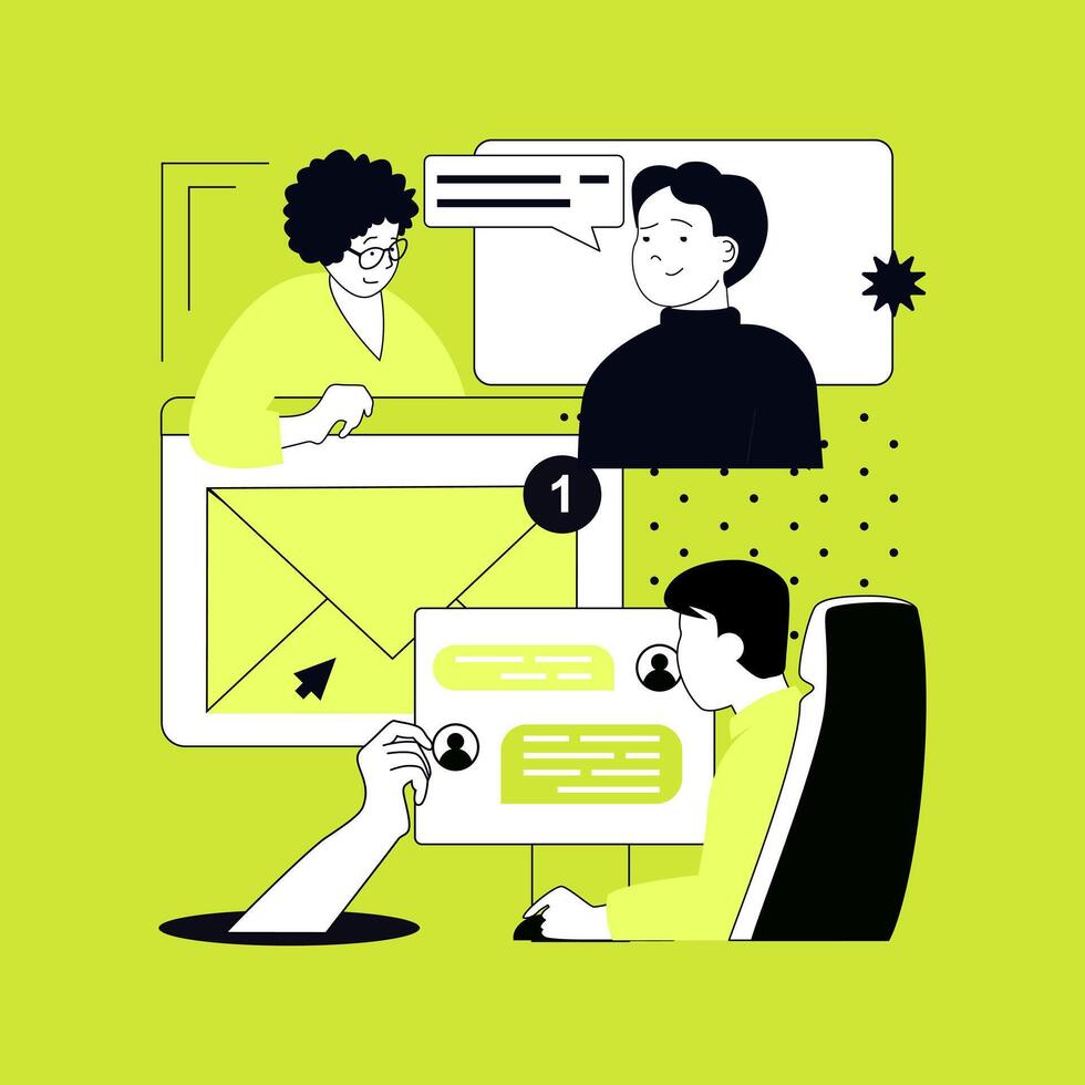 Communication concept for modern web design. People chatting online with virtual friends, answering messages at forums, sharing information and commenting in social network. illustration. vector
