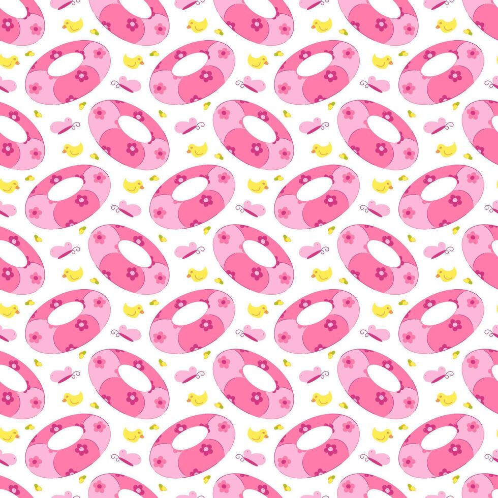 Seamless pattern with inflatable ring, butterfly, rubber duck, pebbles. vector