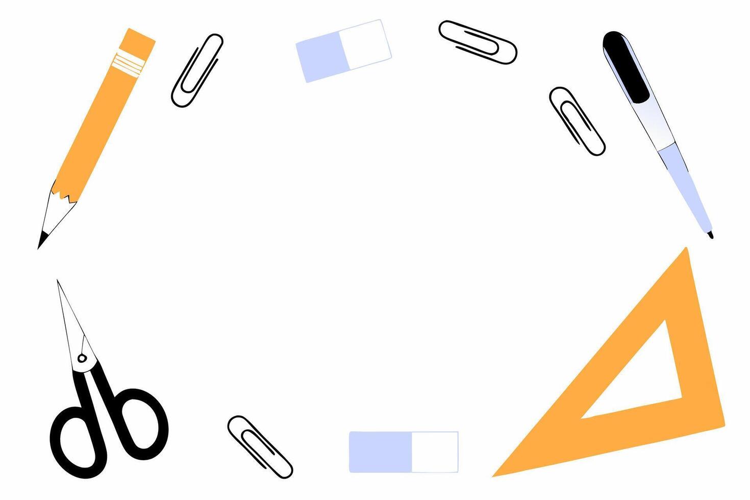 Assorted stationery objects arranged around a blank white background vector