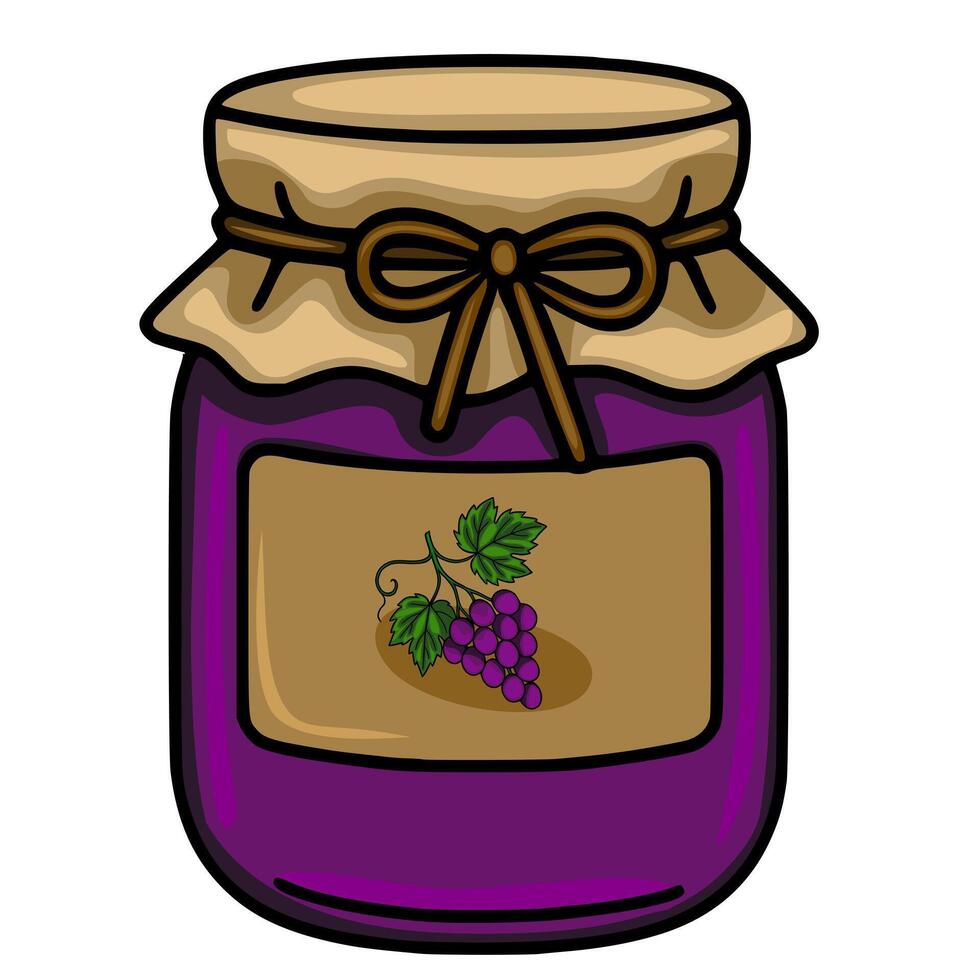 A charming illustration of a grape jam jar with a kraft paper lid tied with a brown ribbon, featuring a hand drawn style and a label depicting a bunch of grapes. vector