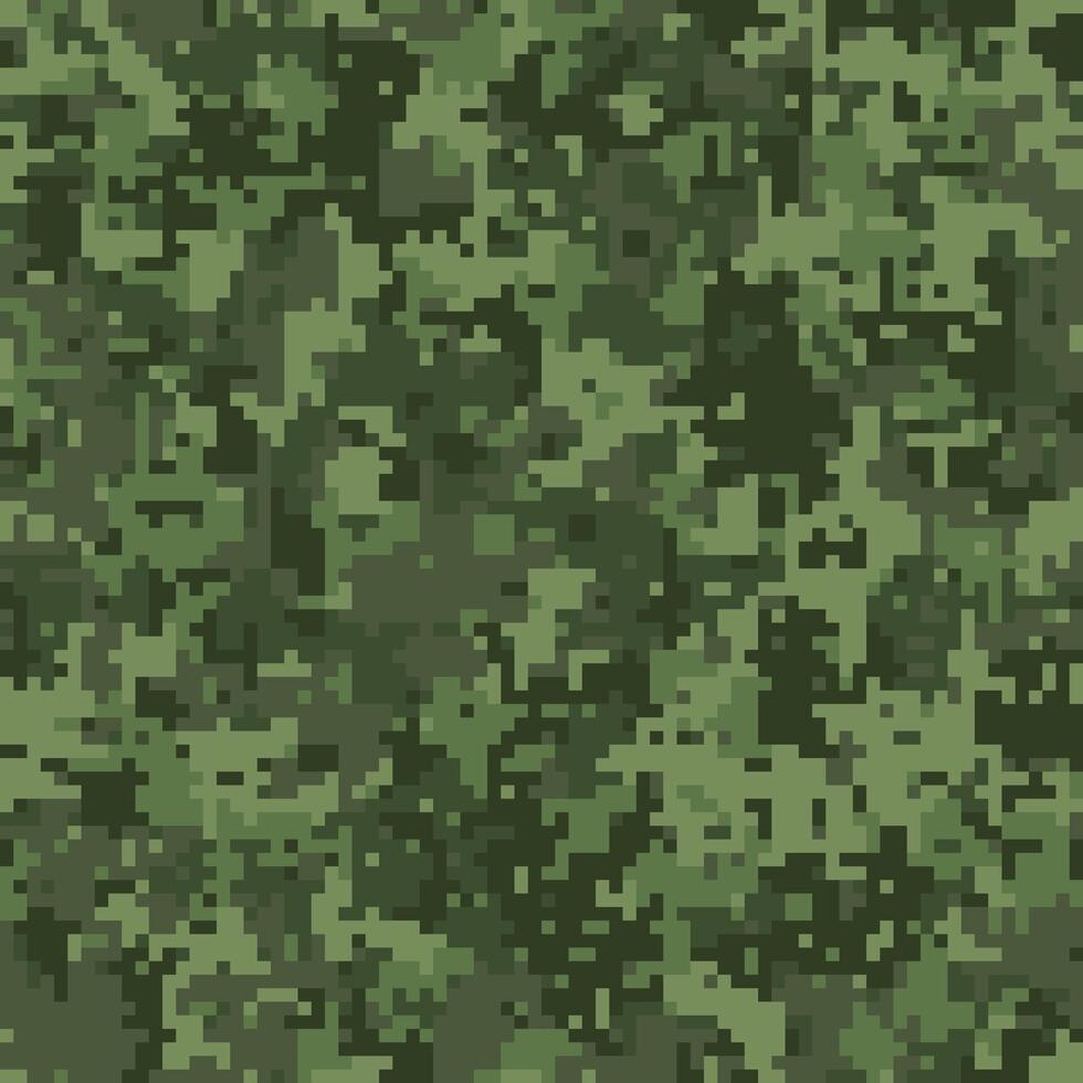 Abstract digital camouflage pattern. Seamless pixelated texture in shades of green. Ideal for backgrounds, textiles, militarythemed designs, and gaming projects. vector