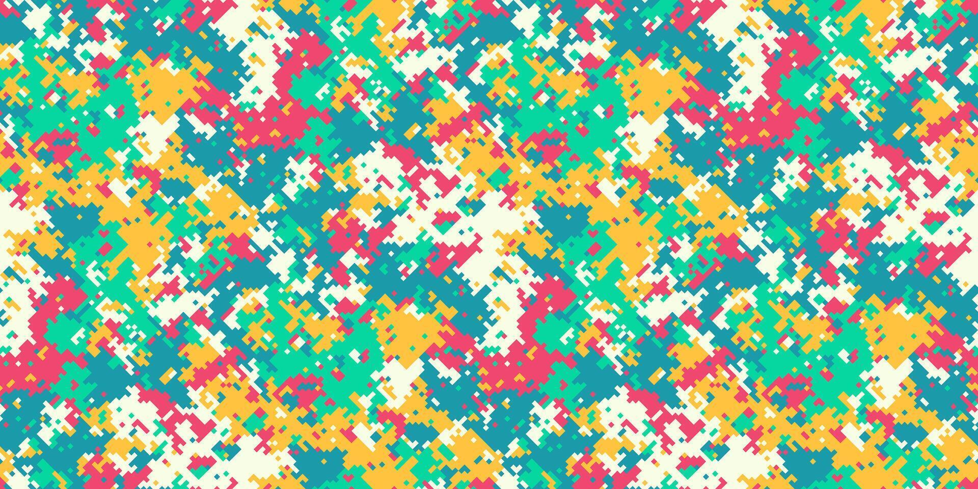Vibrant abstract pixelated camo pattern in teal, coral, gold, and white. Ideal for textile design, website backgrounds, or playful branding. vector