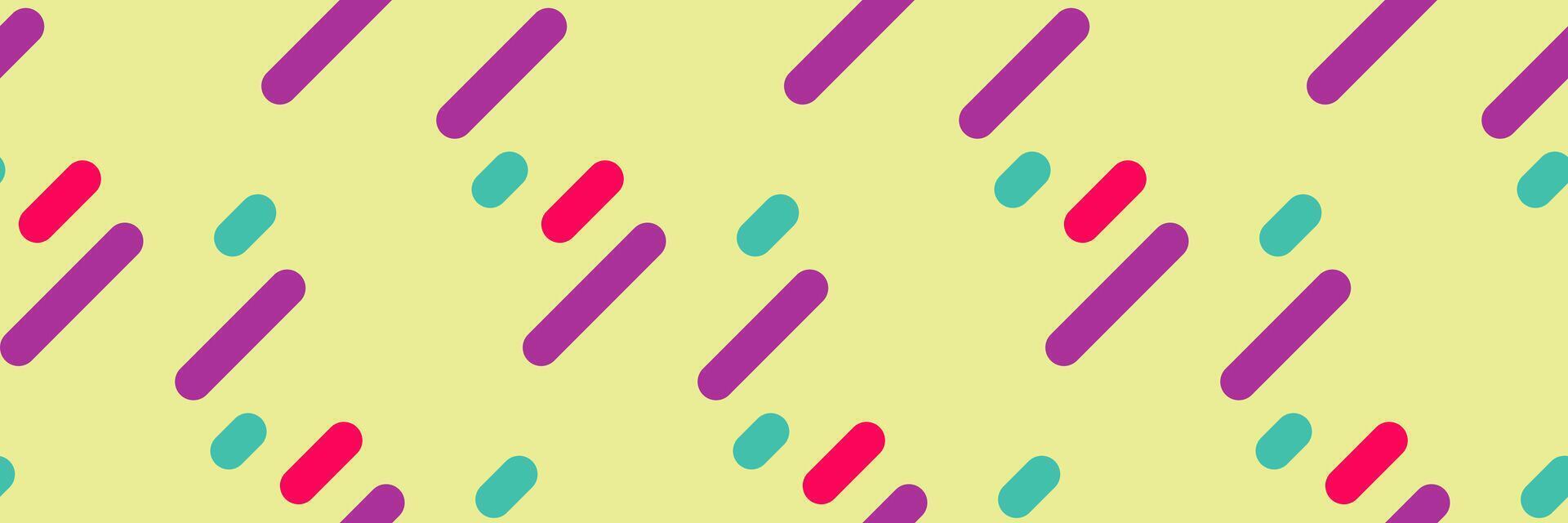 Vibrant abstract pattern with diagonal lines and dots in purple, teal, and red on a pale yellow background. Perfect for website banners, social media posts, or textile design. vector